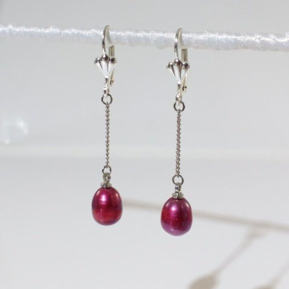Plum Color Pearl Dangle Earrings